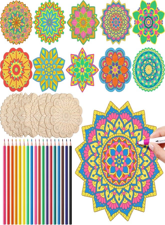 Vercraft 28 Pcs Wooden Mandala Painting Set Diwali Crafts Include 10 Unfinished Wood Cutouts with 18 Colored Pencil for Making Kit Mandala Crafts for Painting DIY Home Decors(Floral Style) - Image 1